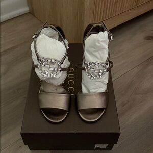 Gucci Metallic Bronze Crystal-Embellished Ankle-Strap Heels